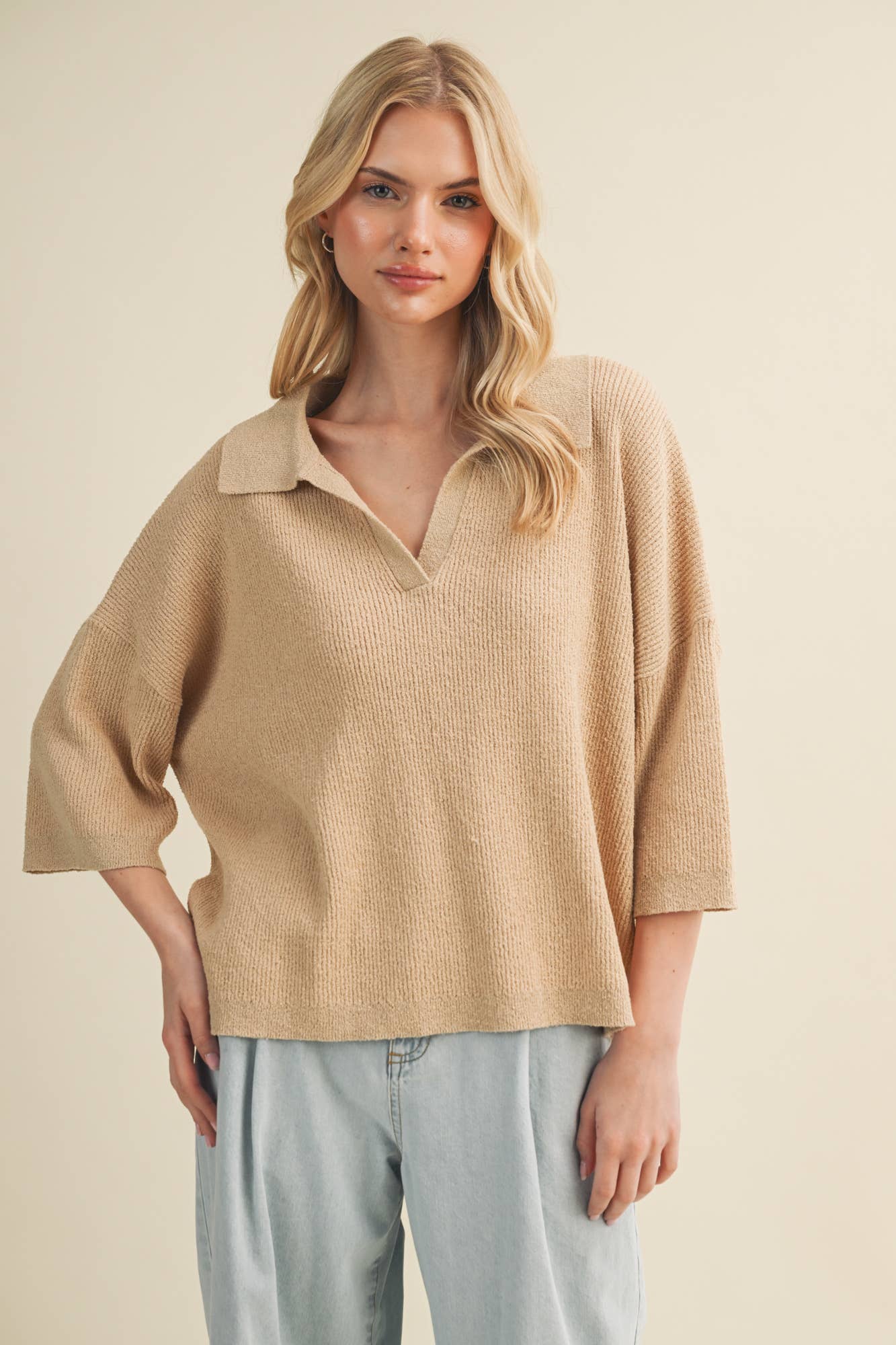 Polo Collar Open V-Neck Pullover