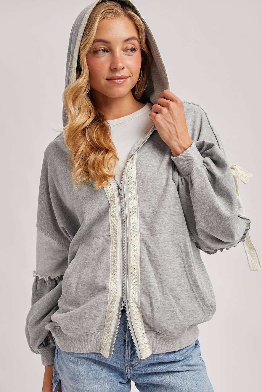 Bow Lace Hoodie W/ Double Zipper