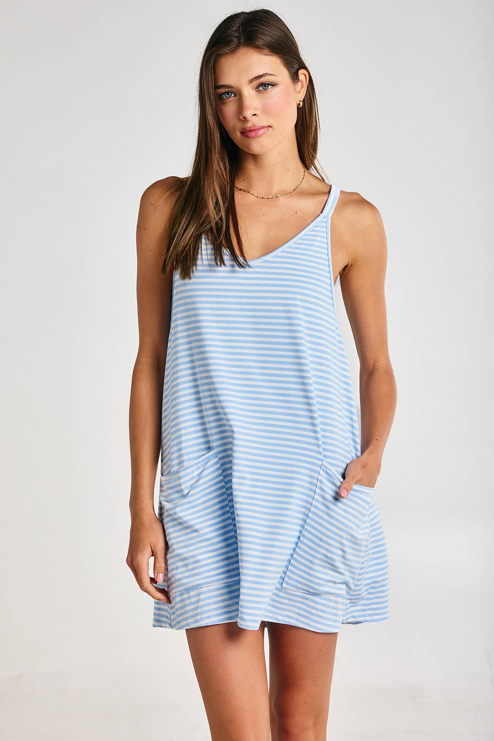 Striped Romper Dress W/ Built In Romper: Blue