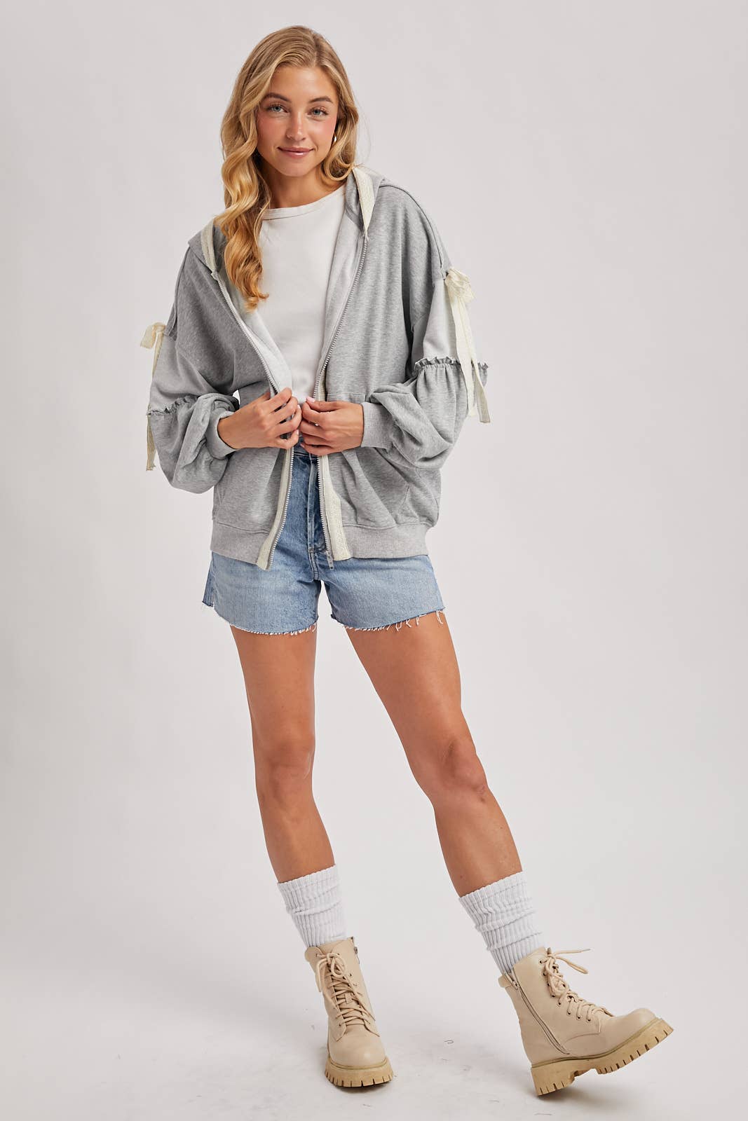 Bow Lace Hoodie W/ Double Zipper