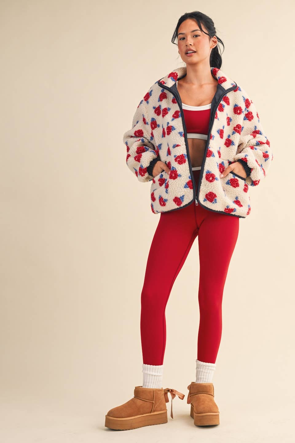 Cozy Oversized Rose Pattern Fleece Zip Up Jacket