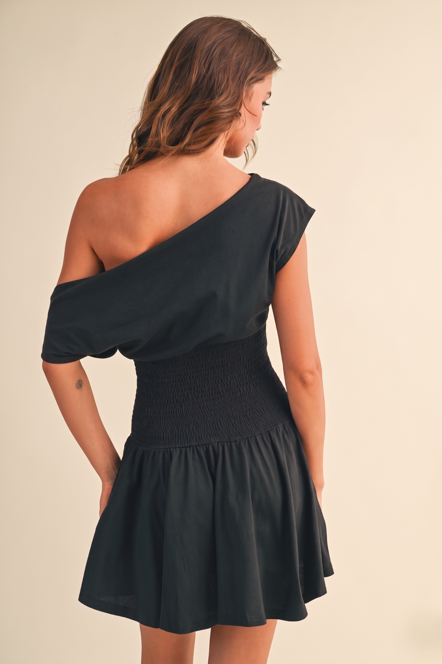 Off Shoulder Smocked Waist Dress: Black