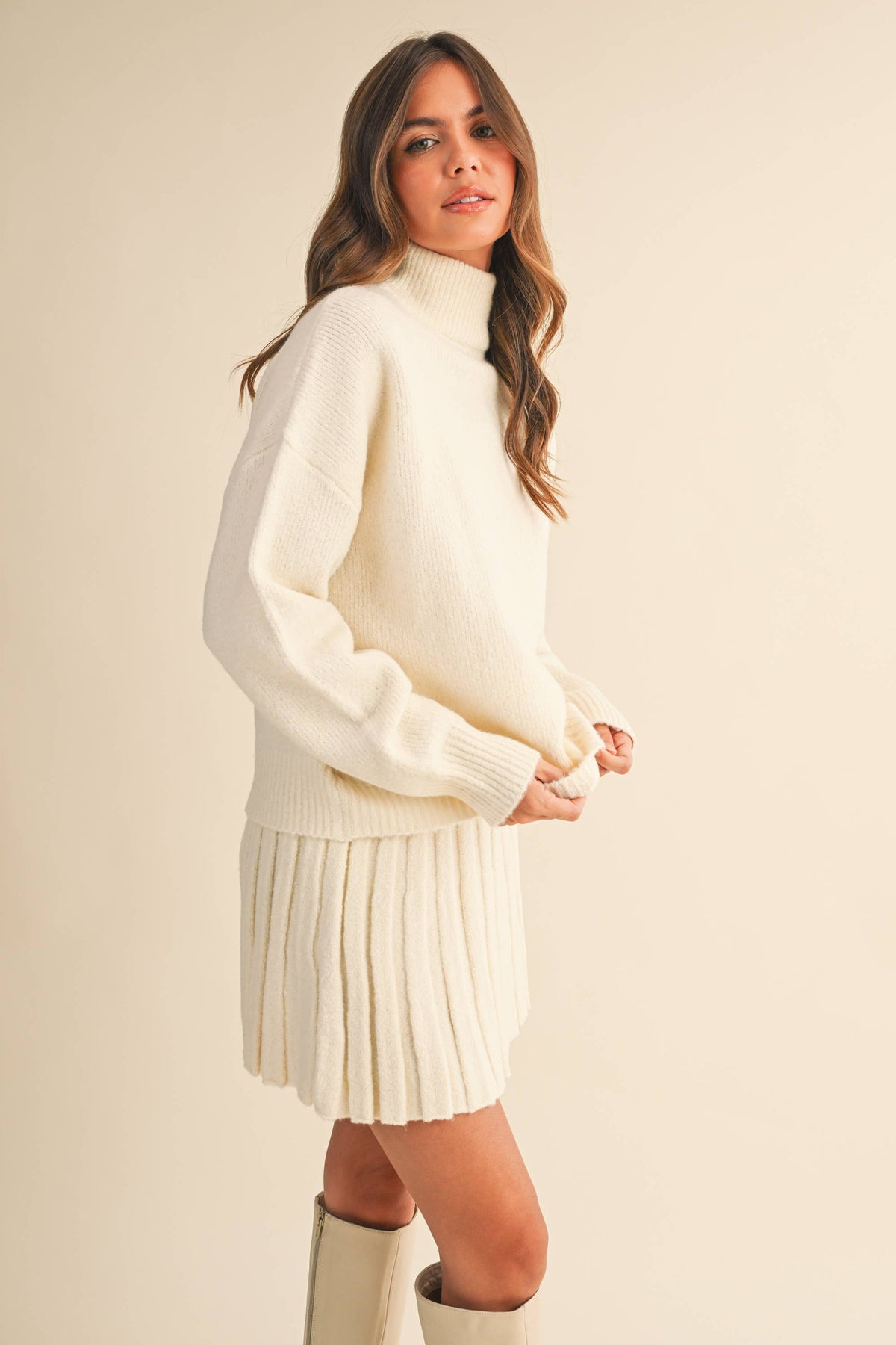 Turtleneck Pullover Sweater & Pleated Skirt Set