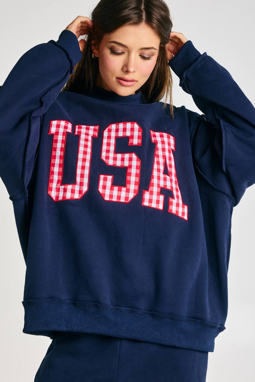 Gingham Embroidery "USA" Mock Neck Sweatshirt