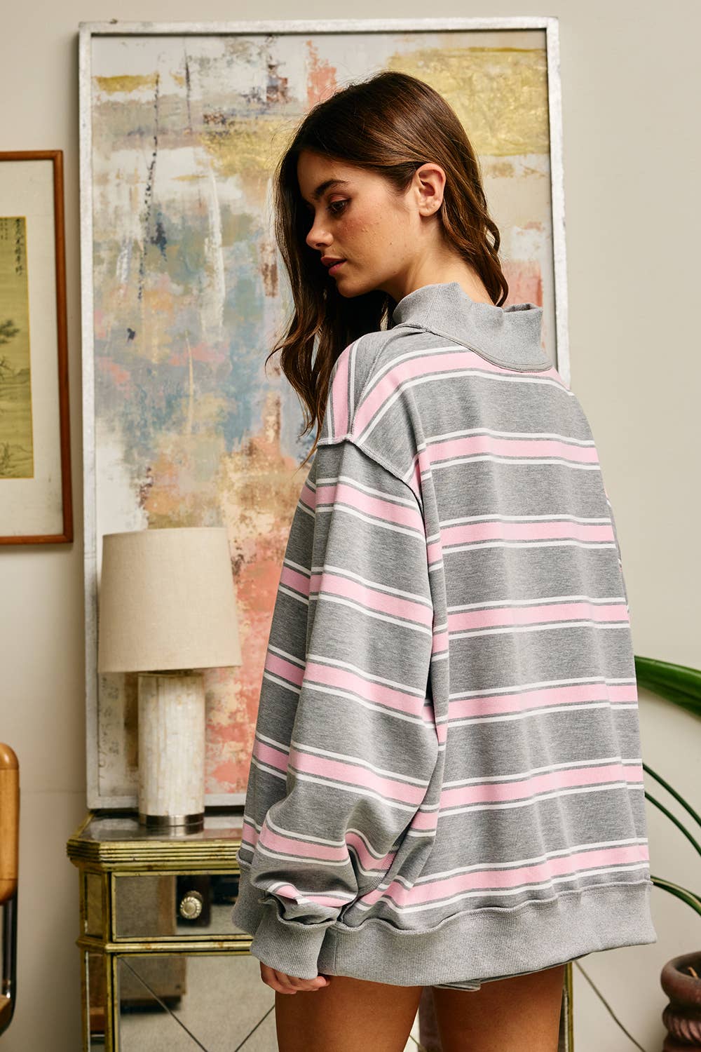 Stripe Print Mock Neck Oversized Sweatshirt