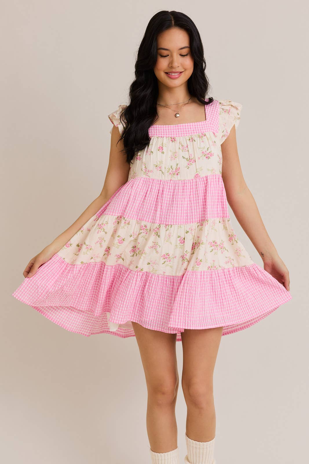 Mini Dress W/ Mixed Floral Print and Pink Gingham