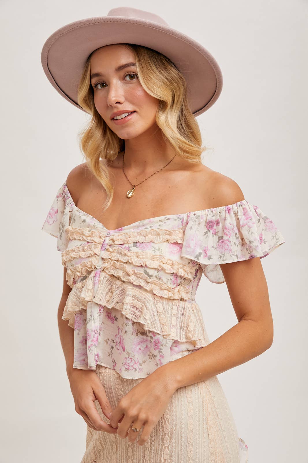 Floral Print Ruffle Lace Sweetheart Top