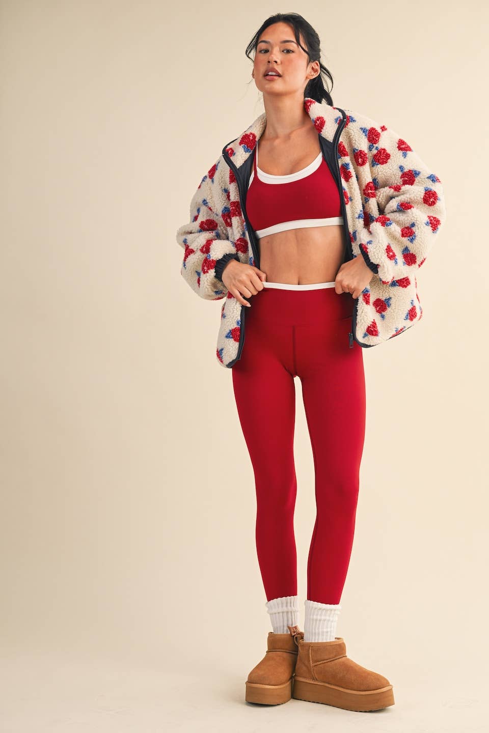 Cozy Oversized Rose Pattern Fleece Zip Up Jacket