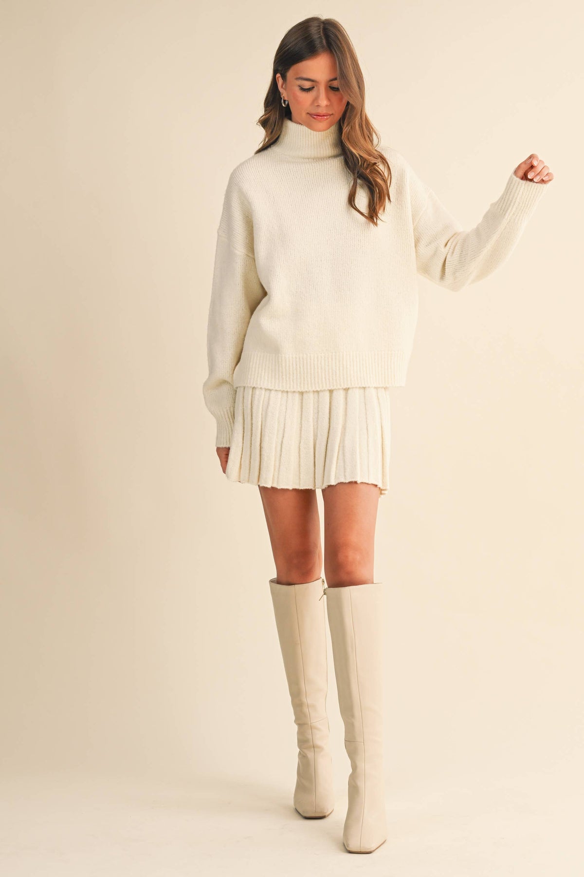 Turtleneck Pullover Sweater & Pleated Skirt Set