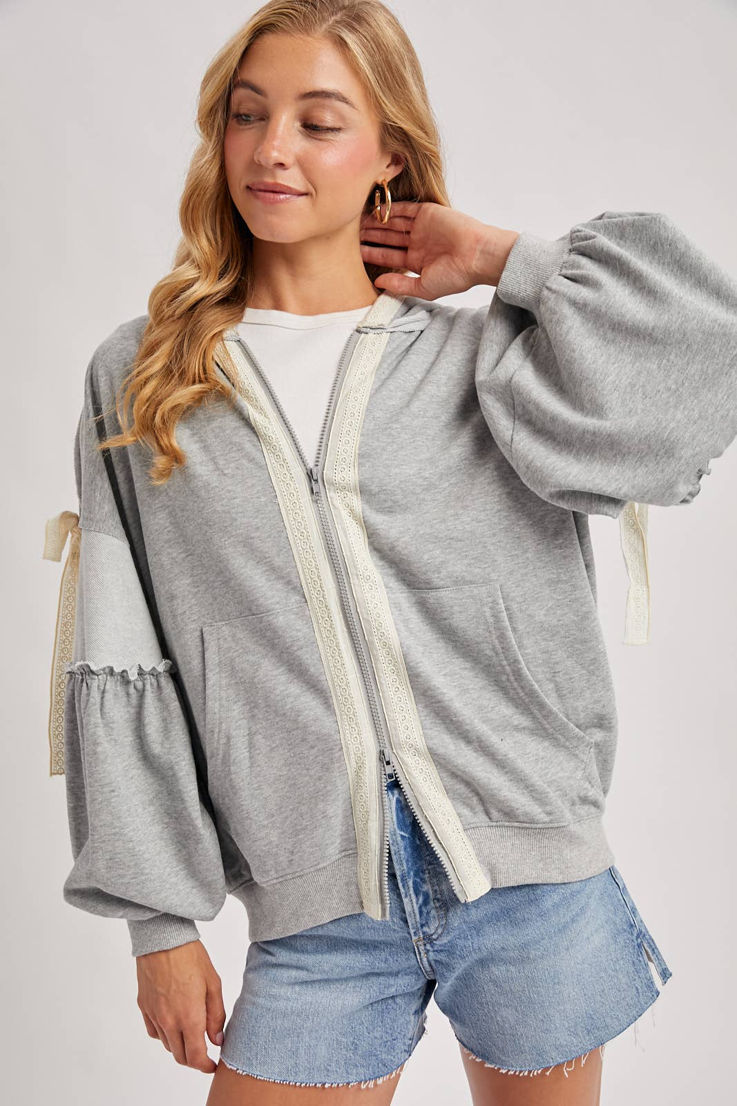 Bow Lace Hoodie W/ Double Zipper