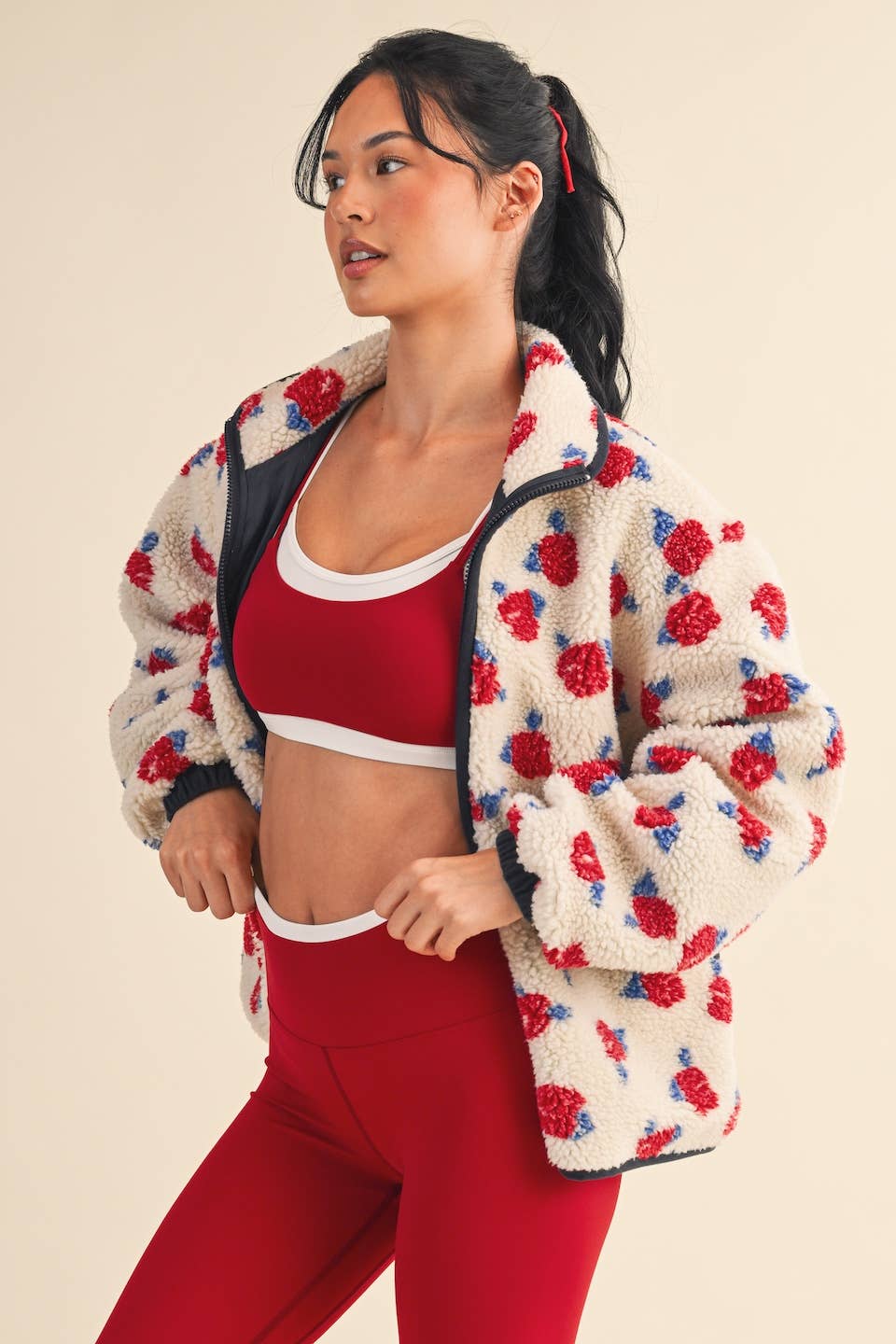 Cozy Oversized Rose Pattern Fleece Zip Up Jacket