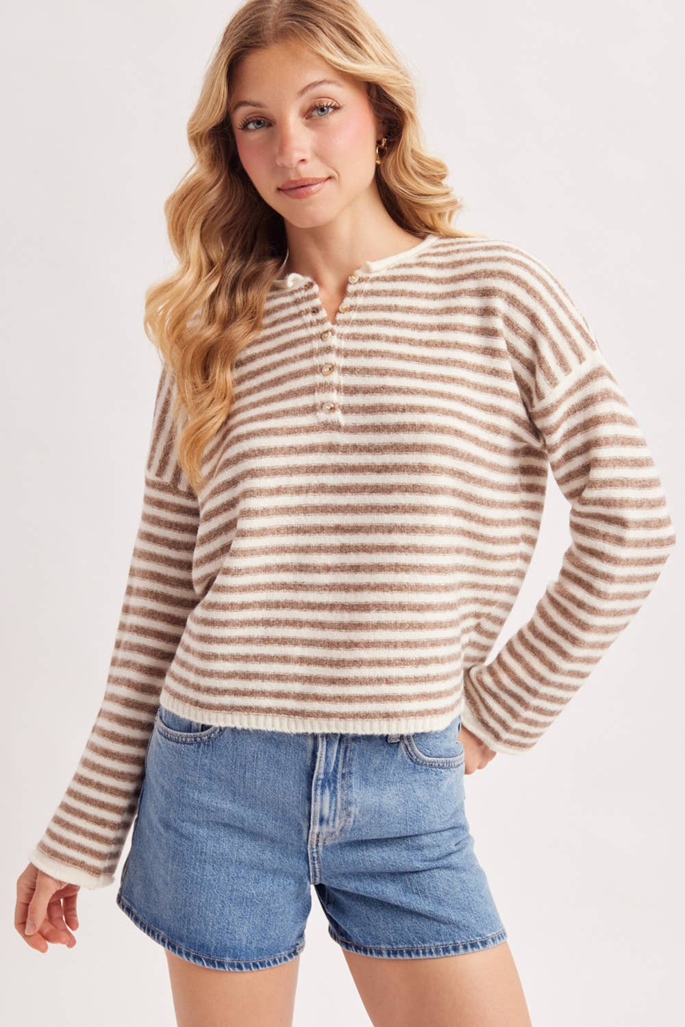 Beige Stripe Henley Pullover