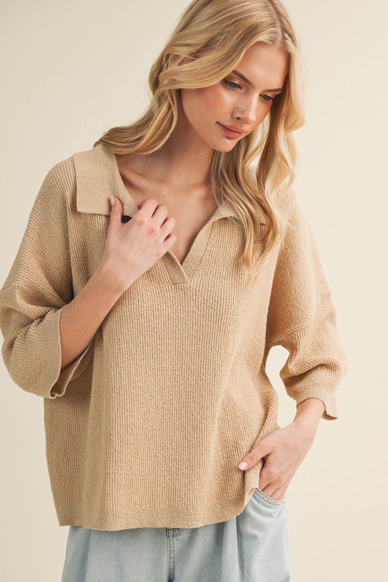 Polo Collar Open V-Neck Pullover