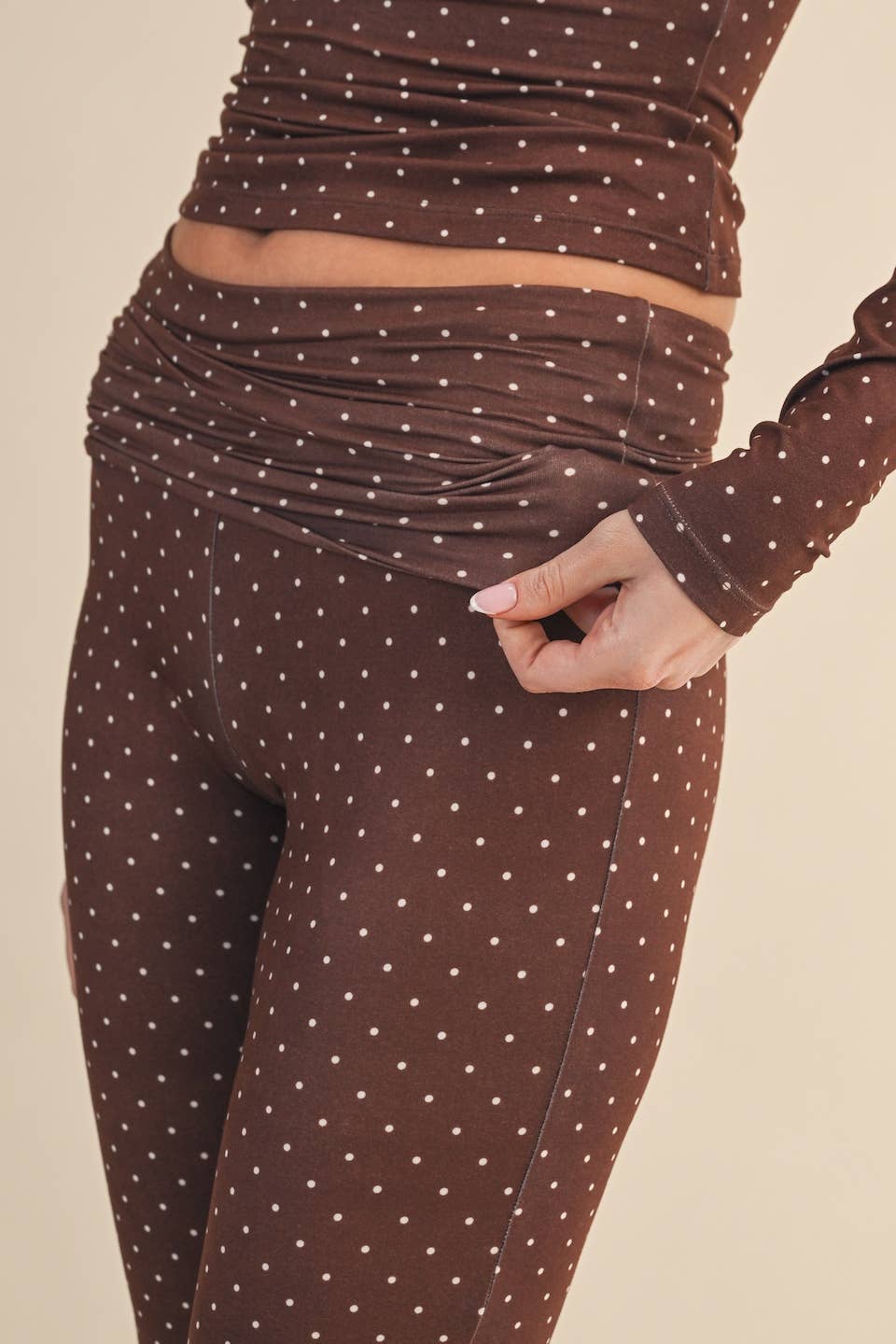 Polka Dot Print Soft Knit Jersey Foldover Flare Pants