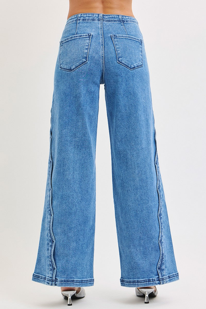 High Rise Wide Leg With Scalloped Edge Detail: Medium Wash