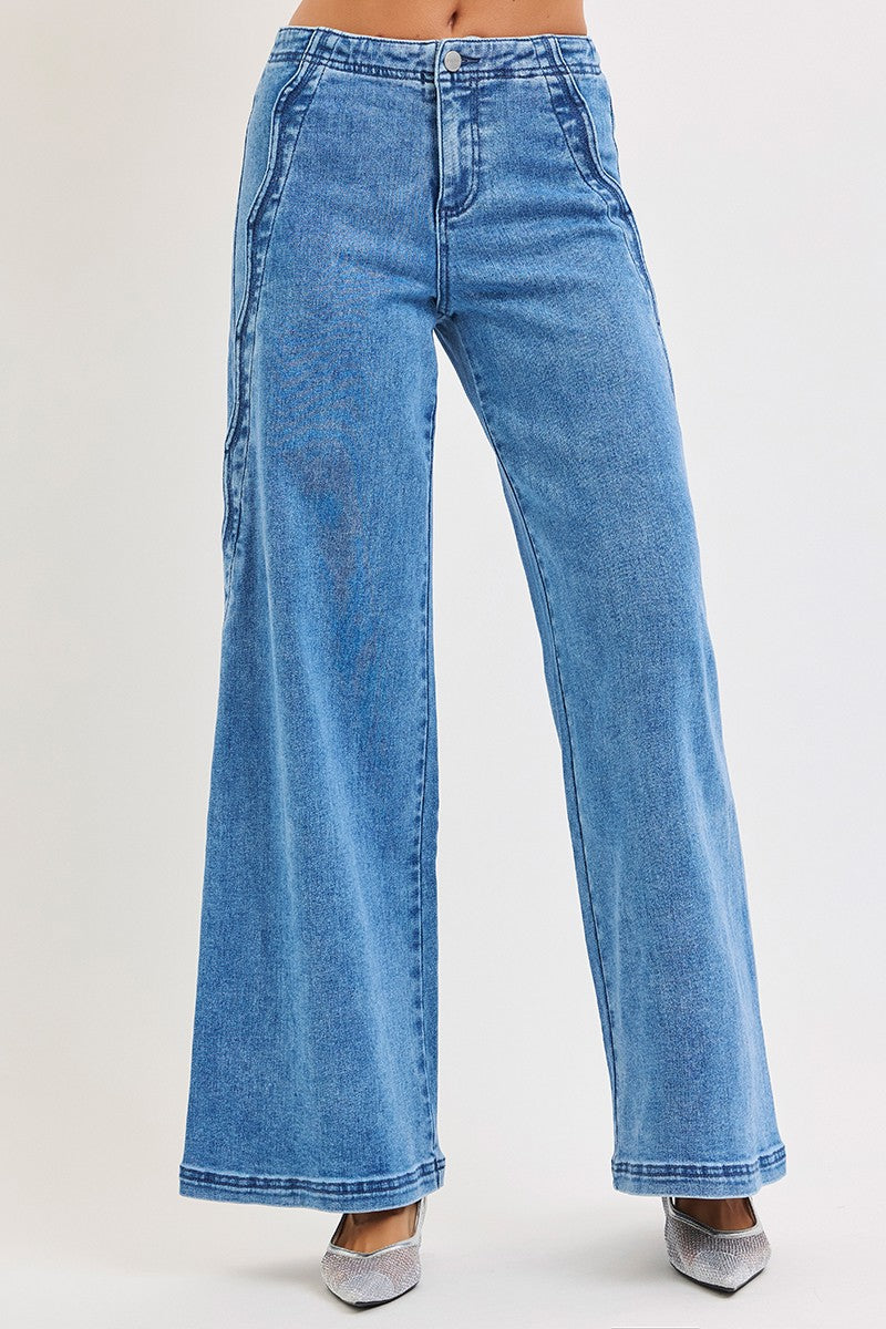 High Rise Wide Leg With Scalloped Edge Detail: Medium Wash