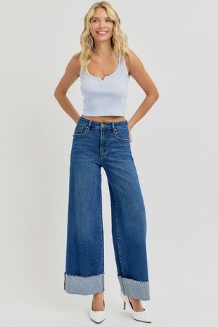 Risen High-Rise Wide-Cuffed Jeans: Dark Wash