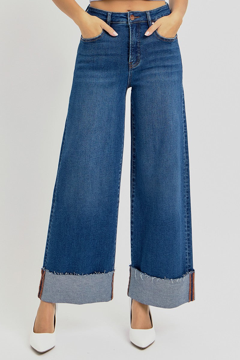 Risen High-Rise Wide-Cuffed Jeans: Dark Wash