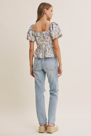 Soft Garden Leaf Print Bubble Sleeved Peplum Blouse