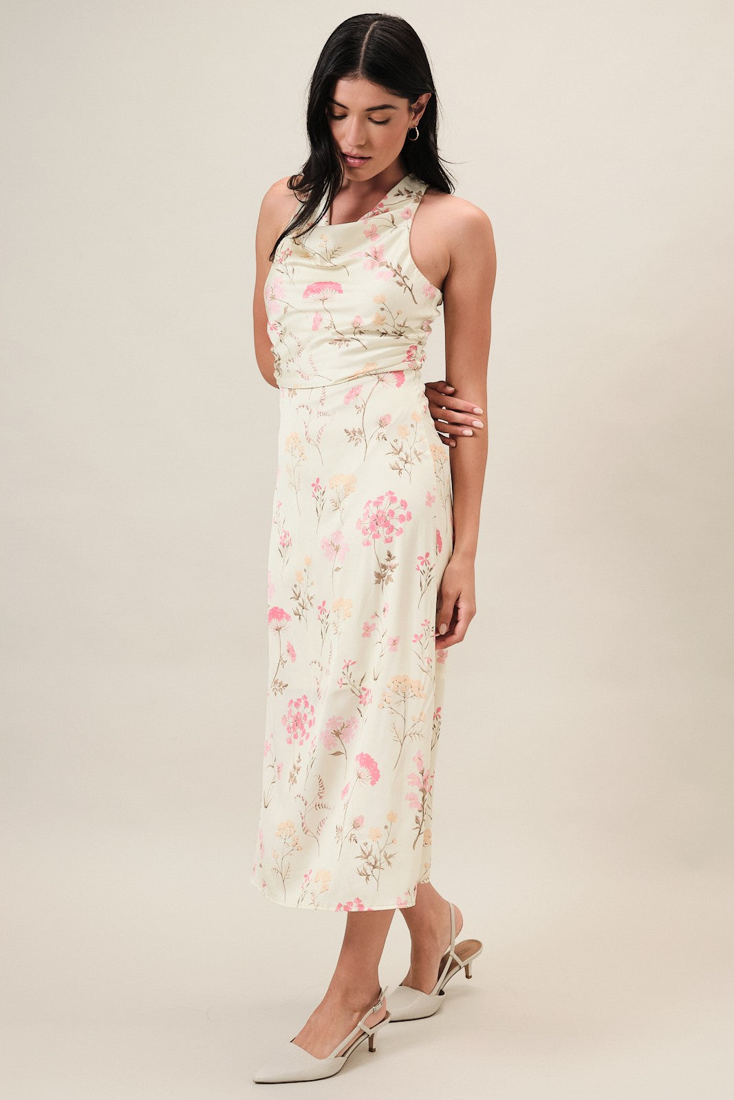 Cowl Neck Floral Midi Dress