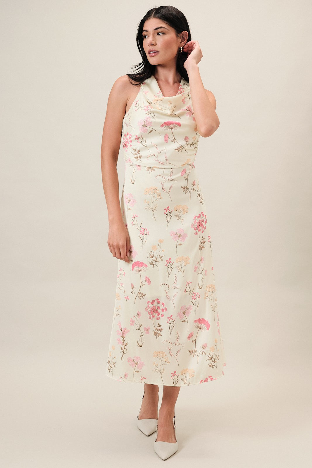Cowl Neck Floral Midi Dress