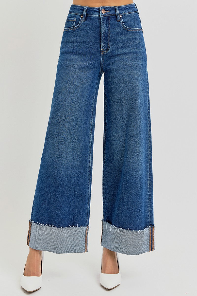 Risen High-Rise Wide-Cuffed Jeans: Dark Wash