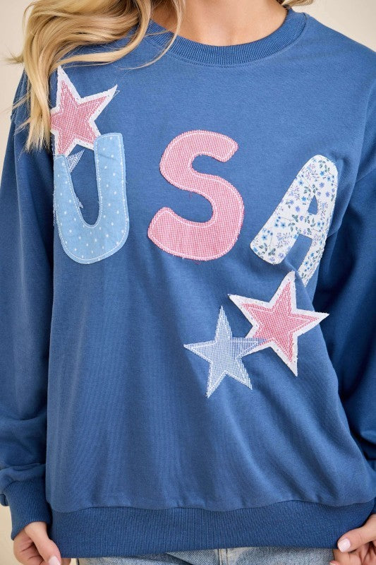 USA Patchwork Pattern Crewneck: Blue