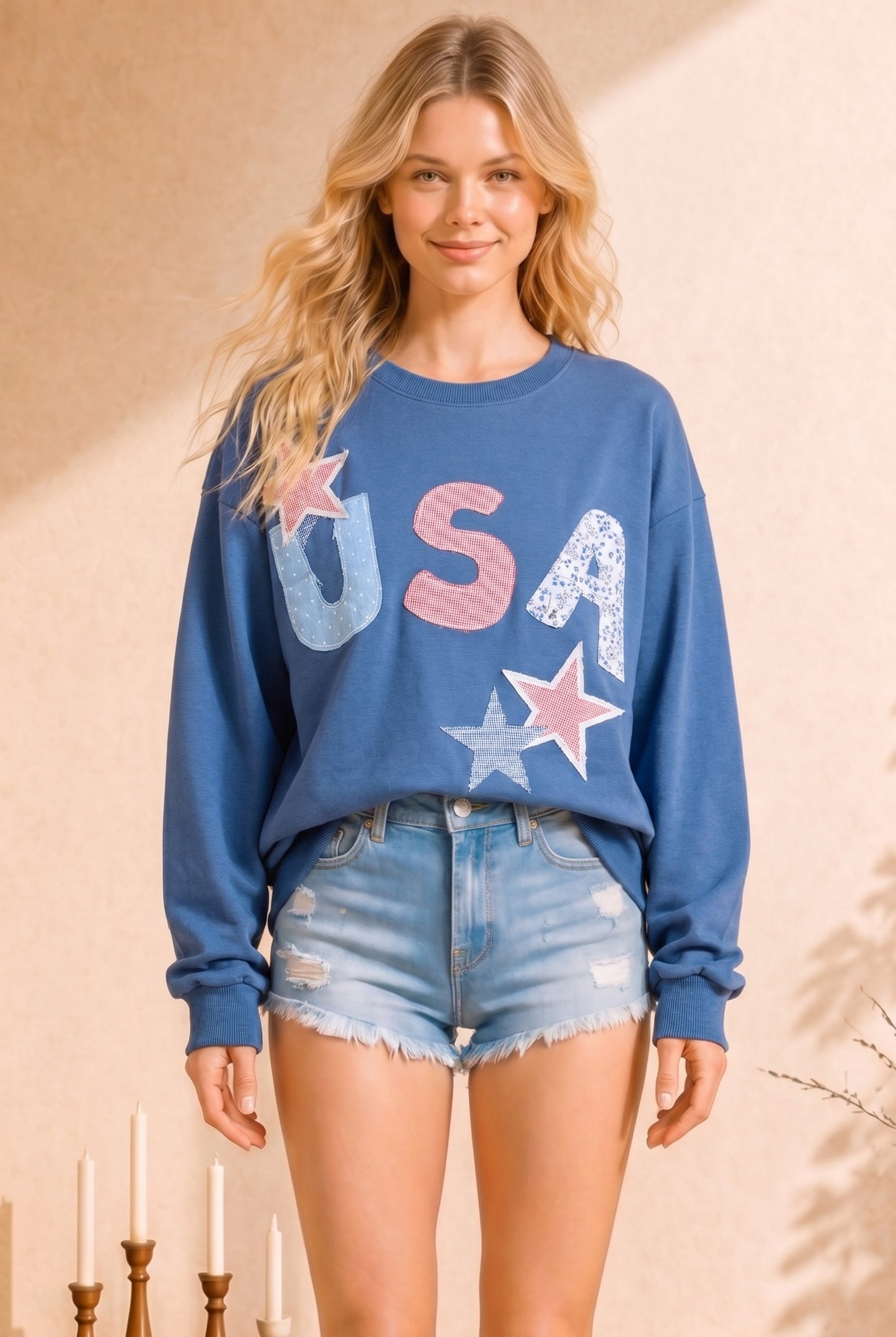 USA Patchwork Pattern Crewneck: Blue