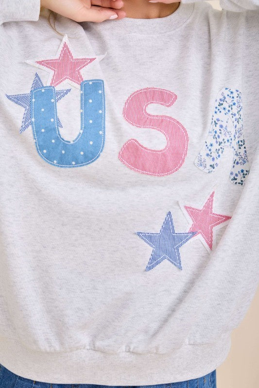USA Patchwork Pattern Crewneck: Grey