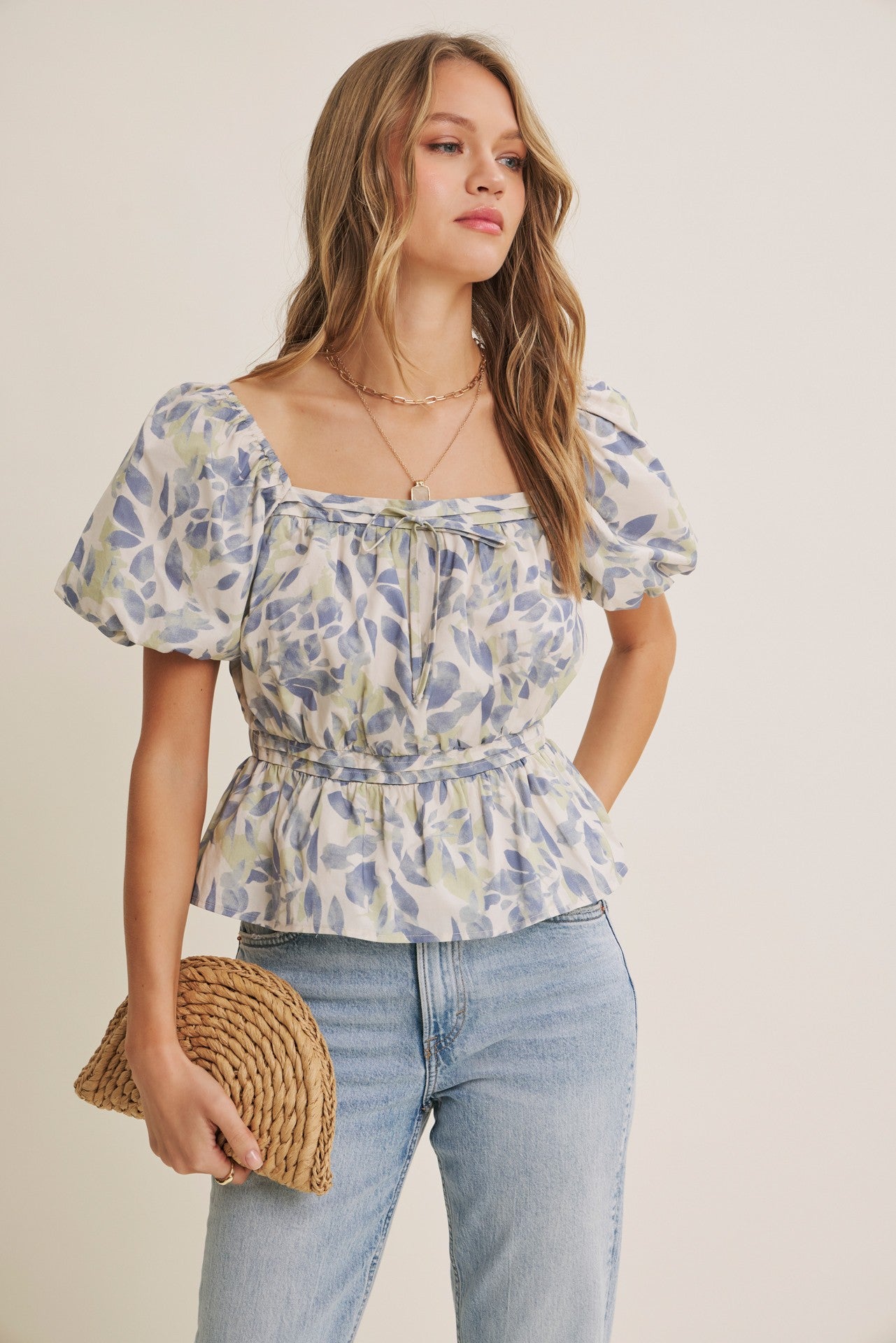 Soft Garden Leaf Print Bubble Sleeved Peplum Blouse