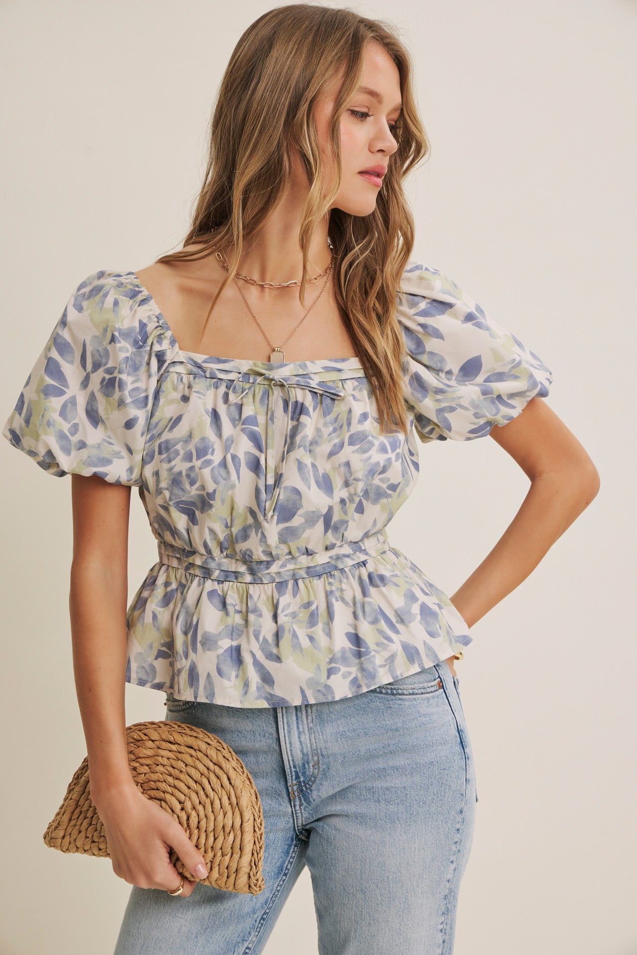 Soft Garden Leaf Print Bubble Sleeved Peplum Blouse