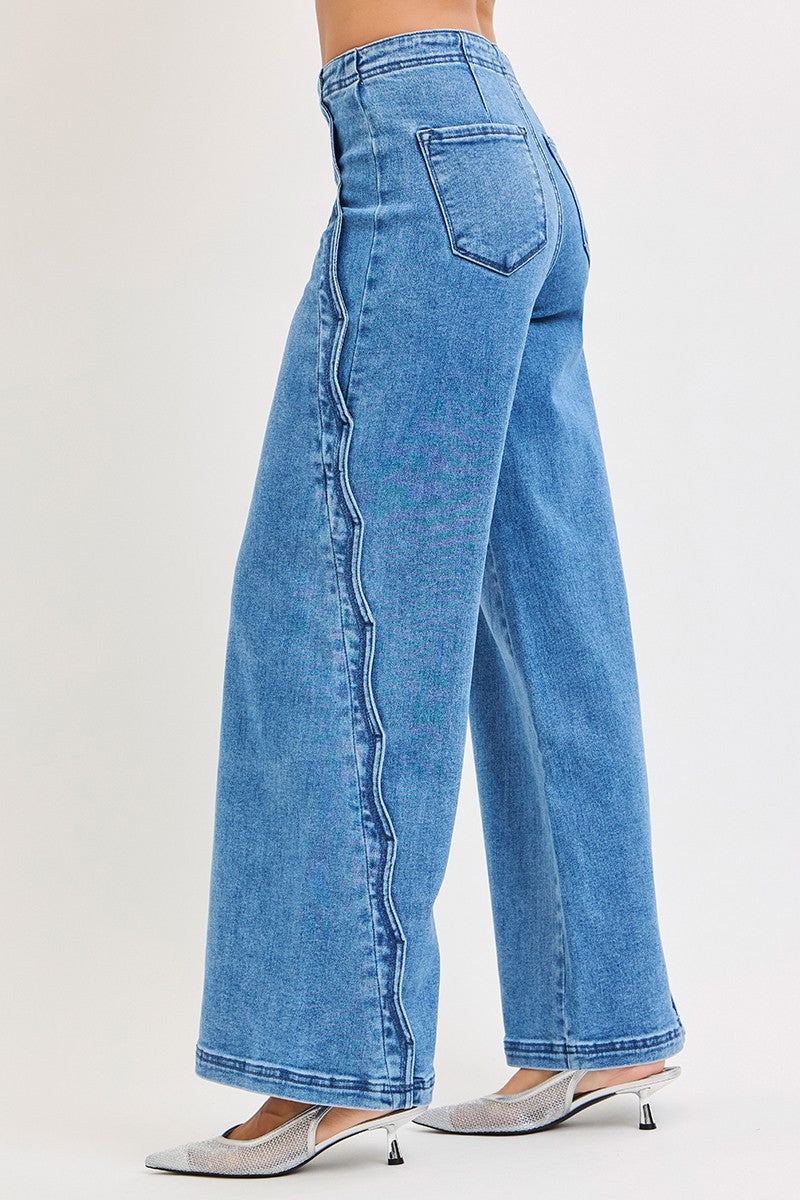 High Rise Wide Leg With Scalloped Edge Detail: Medium Wash