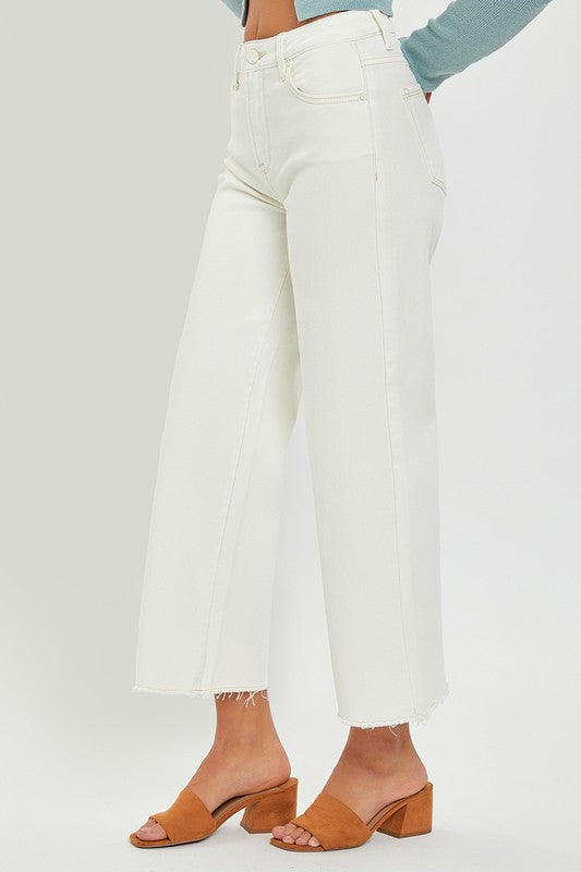 Risen White High Rise Crop Wide Pants W/ Stitching Detail