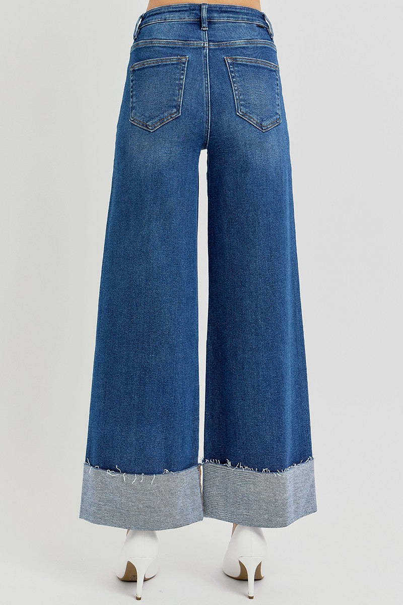 Risen High-Rise Wide-Cuffed Jeans: Dark Wash