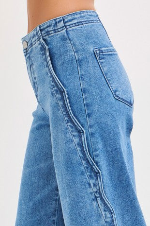 High Rise Wide Leg With Scalloped Edge Detail: Medium Wash