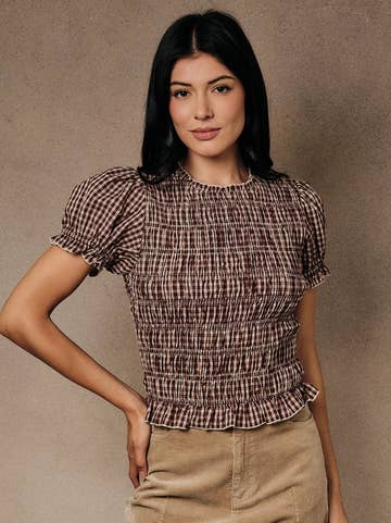 Puff Sleeve Plaid Smocked Top